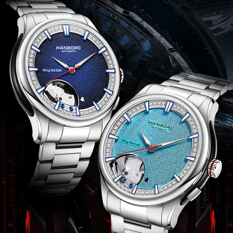 HANBORO メンズ自動腕時計アラーム機械式腕時計 5ATM 防水サファイア発光スケルトンダイヤル