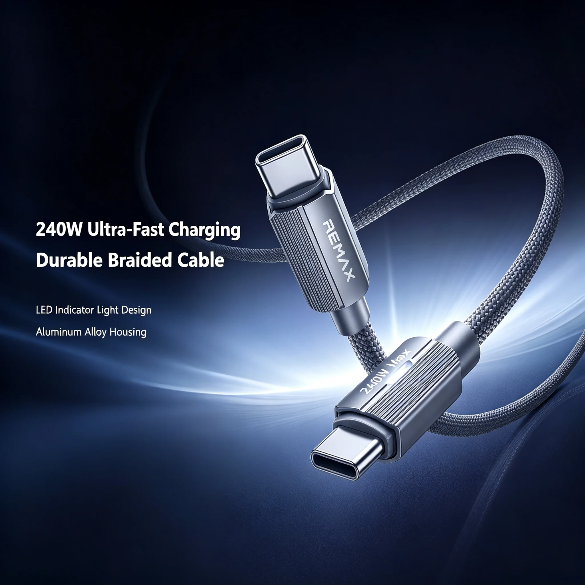 REMAX 240W PD3.1 5A USB C to USB C Braided Cable Aluminum Alloy Smart Auto‑Off LED 1.2M Tangle‑Free Data Cord for Laptop Phone