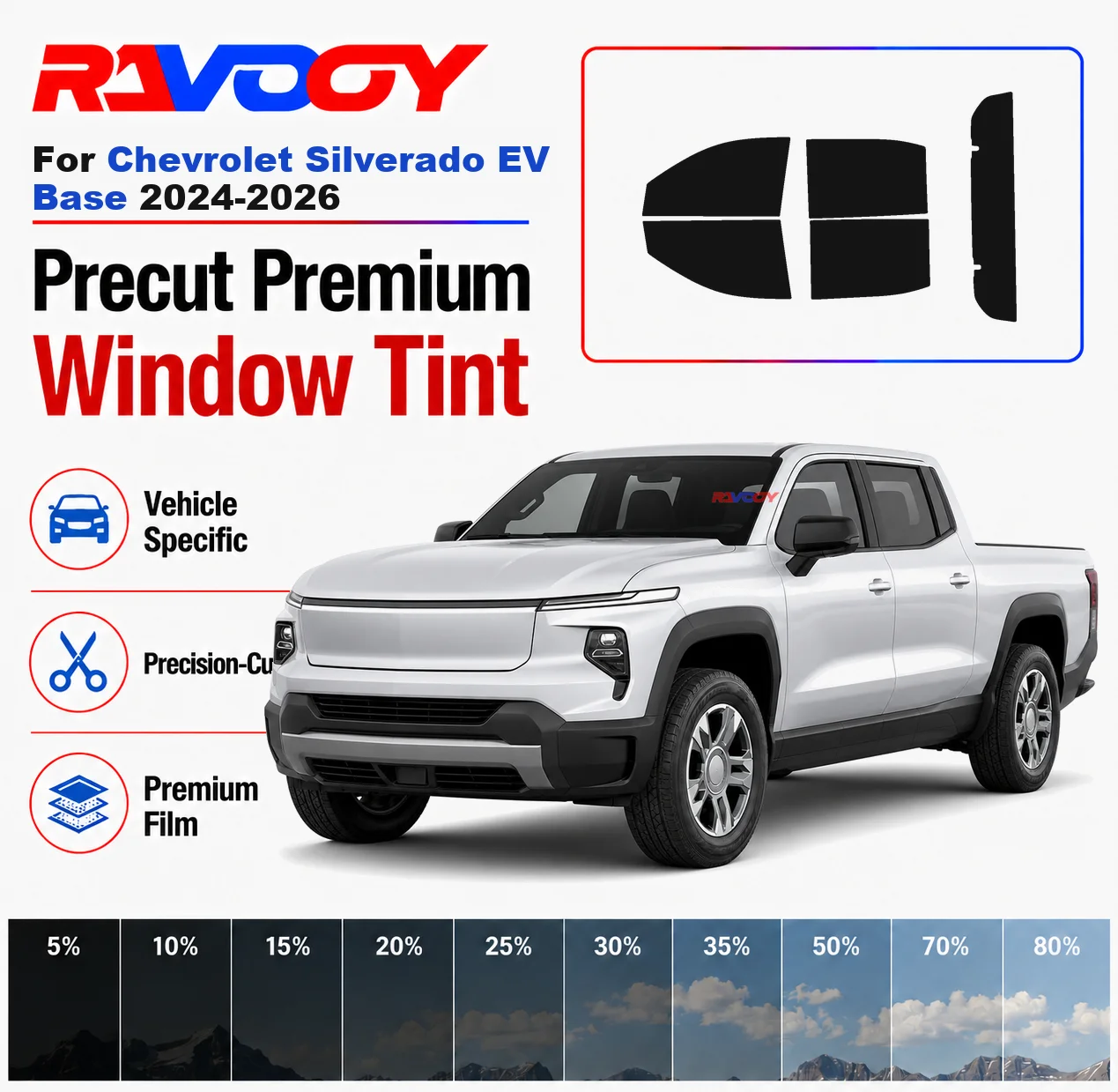 

Premium Precut Window Tint Kit Front Rear Windows Rear Windshield For Chevrolet Silverado EV Base 2024-2026 Nano Ceramic Film