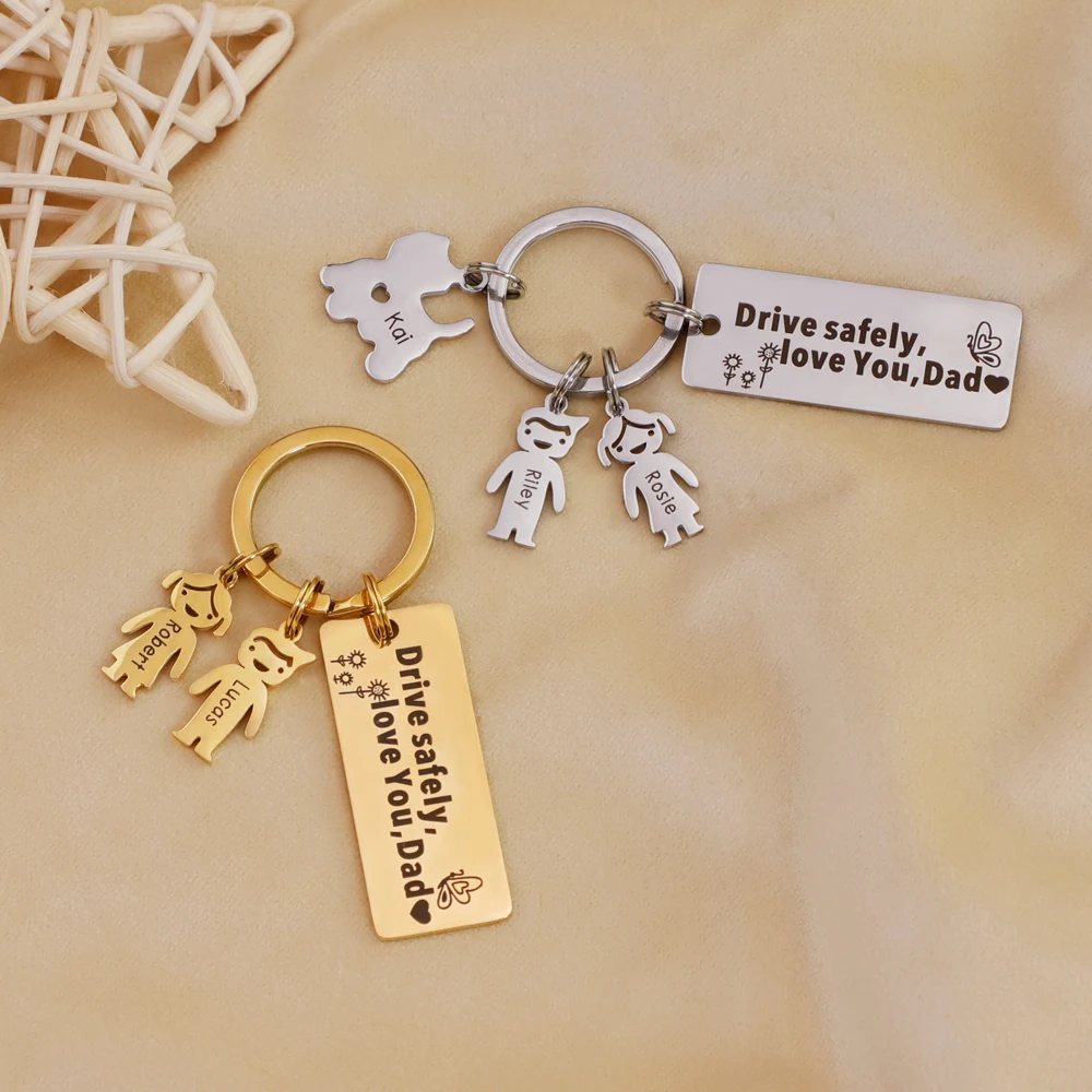 Personalized Stainless Steel Baby Charm Keyring Engraved Family Names Keychain Daddy Mom Jewelry Gift  Drive Safe Key Ring