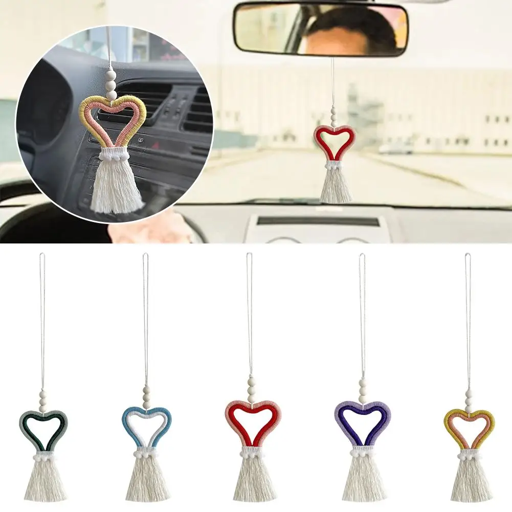 Handmade Heart Tassel Car Hanging Ornament - French Retro Style Woven Mirror Pendant, Bohemian Romantic Gift
