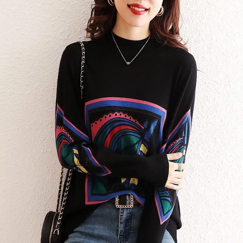 Korean Casual Printing Spliced Round Neck Tops Female New Fashion All-match Long Sleeve T-shirt Spring Autumn Women\'s Clothing