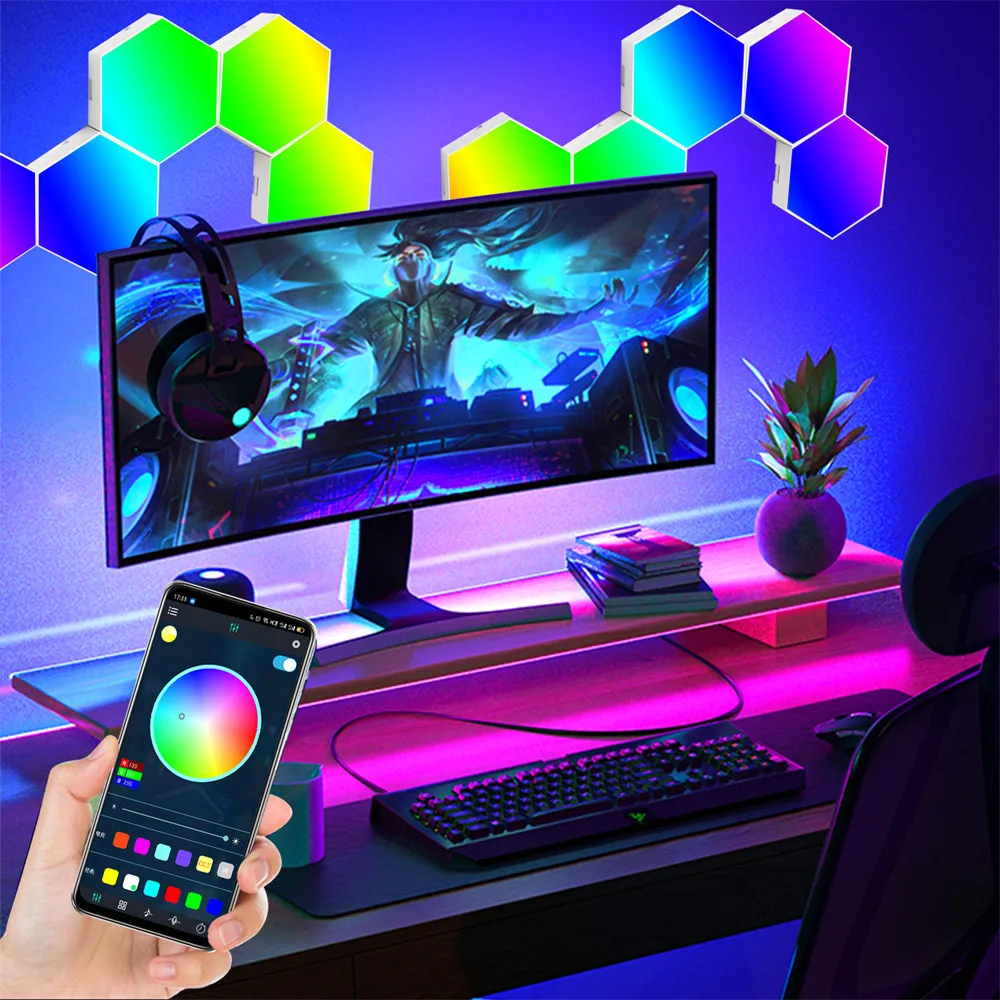 RGB LED Hexagon Light Bluetooth Indoor Wall Light APP Remote Control Night Light Computer Game Room Decoration Bedroom Bedside