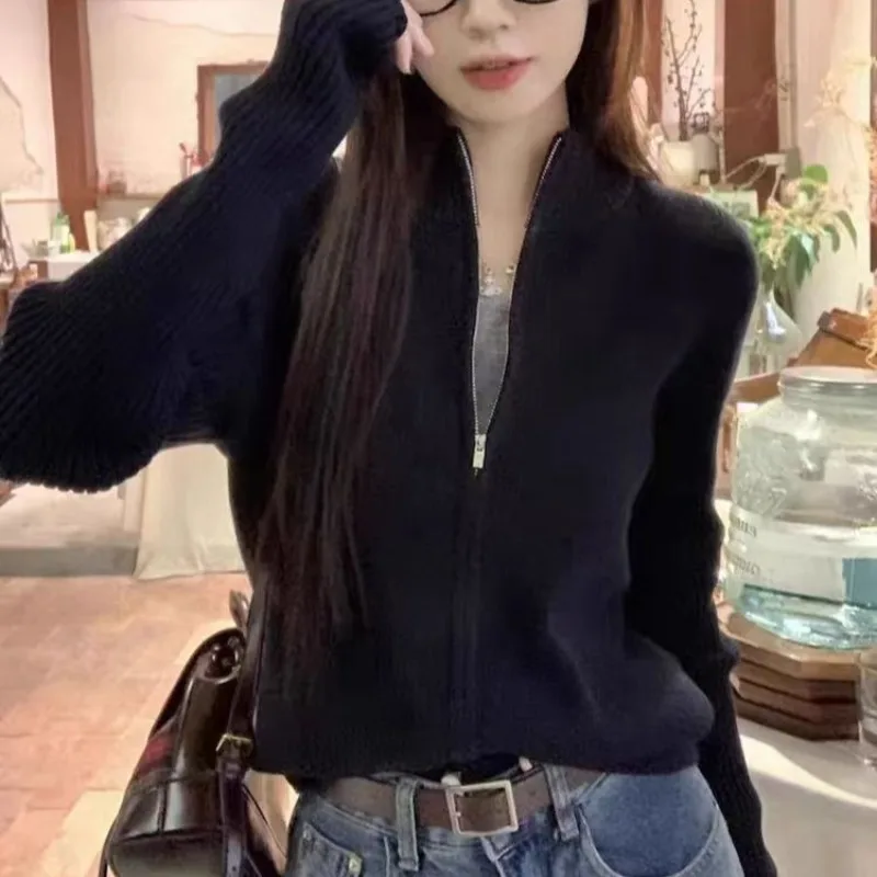 Zipper Cardigans for Women Slim Korean Style Ins Streetwear Spring Autumn Casual College Stand Collar Young Simple Warm Clothing