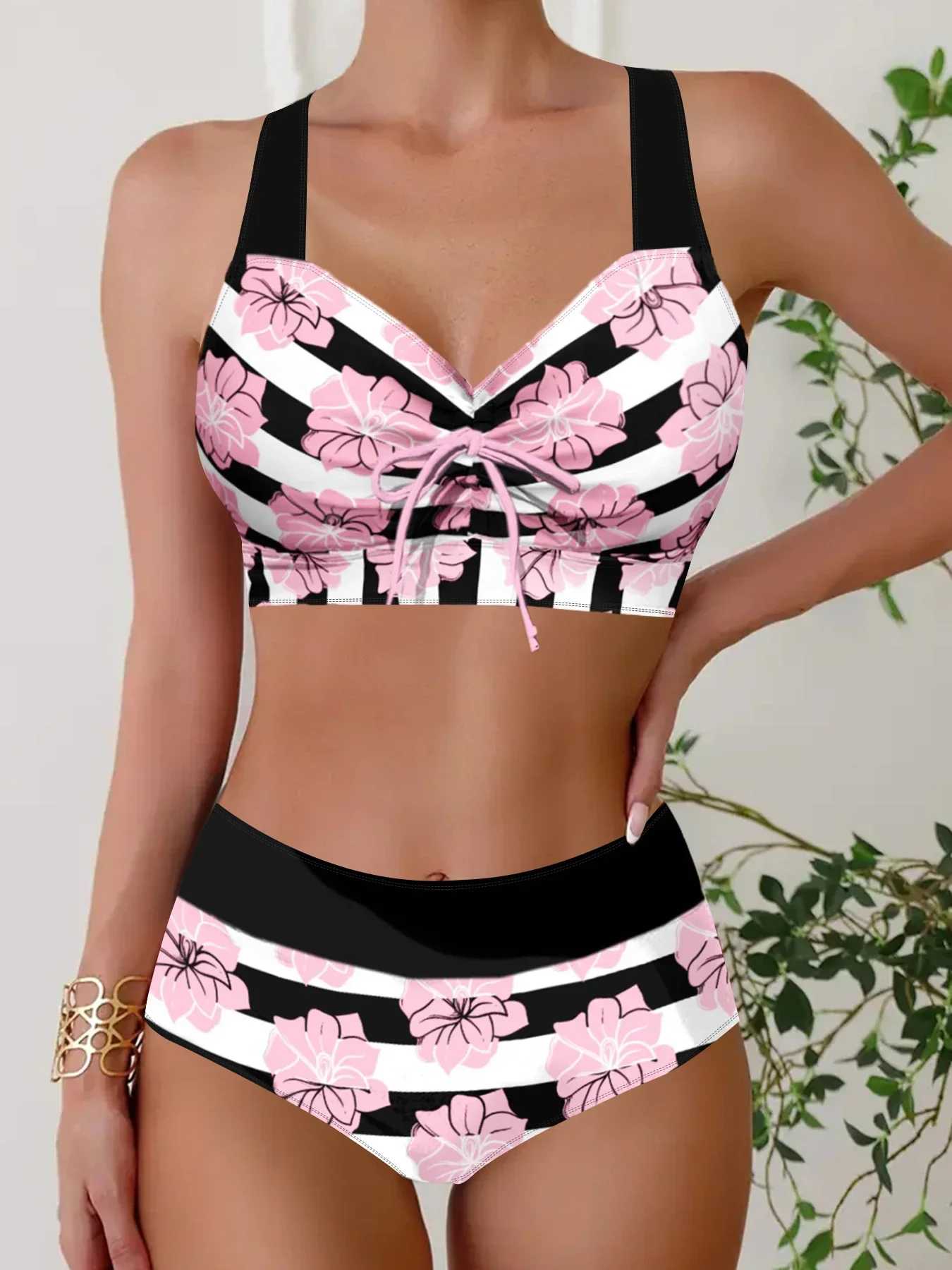 

High Quality and Comfortable Summer Women's Swimwear Fashion Vacation Pink Cherry Blossom Print Swimsuit Two-piece Set S-6XL