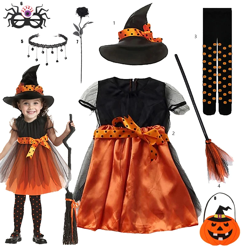 

2-12T Children's Witch Costume Fairy Wizard Dress for Girls Halloween Costumes Cosplay Costume Children Perform Clothes