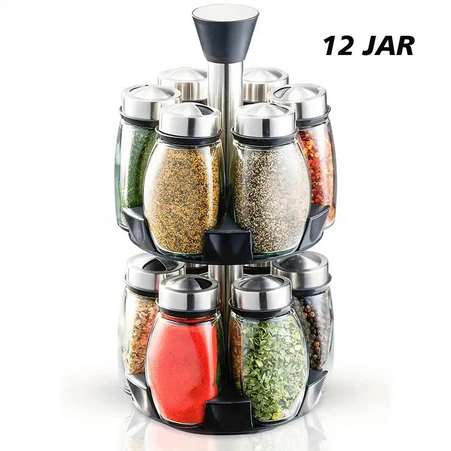 

12-Glass-Jar Revolving Spice Rack: 360° Rotation Lead-Free Space-Saving Kitchen Countertop Organizer