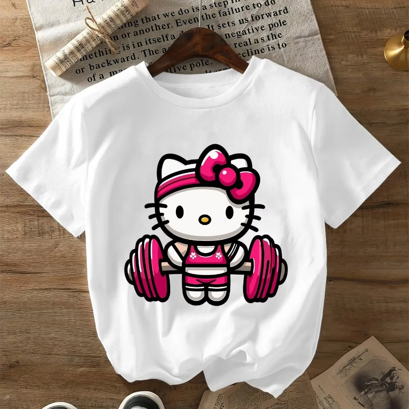 

MINISO 2025 Summer New Sports Hello Kitty Print Cotton Fashion Cartoon Tshirt Women's Fashion Y2K Retro Design Short-sleeved Top