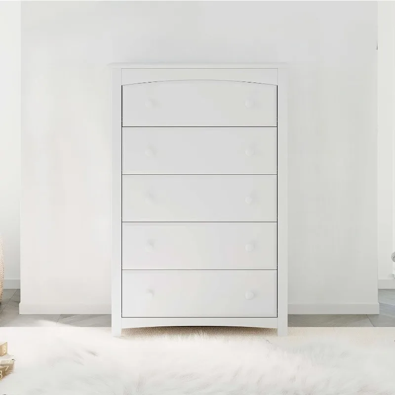 5 Drawer Dresser (White) for Kids Bedroom, Nursery Dresser Organizer, Chest of Drawers with 5 Drawers, Universal Design