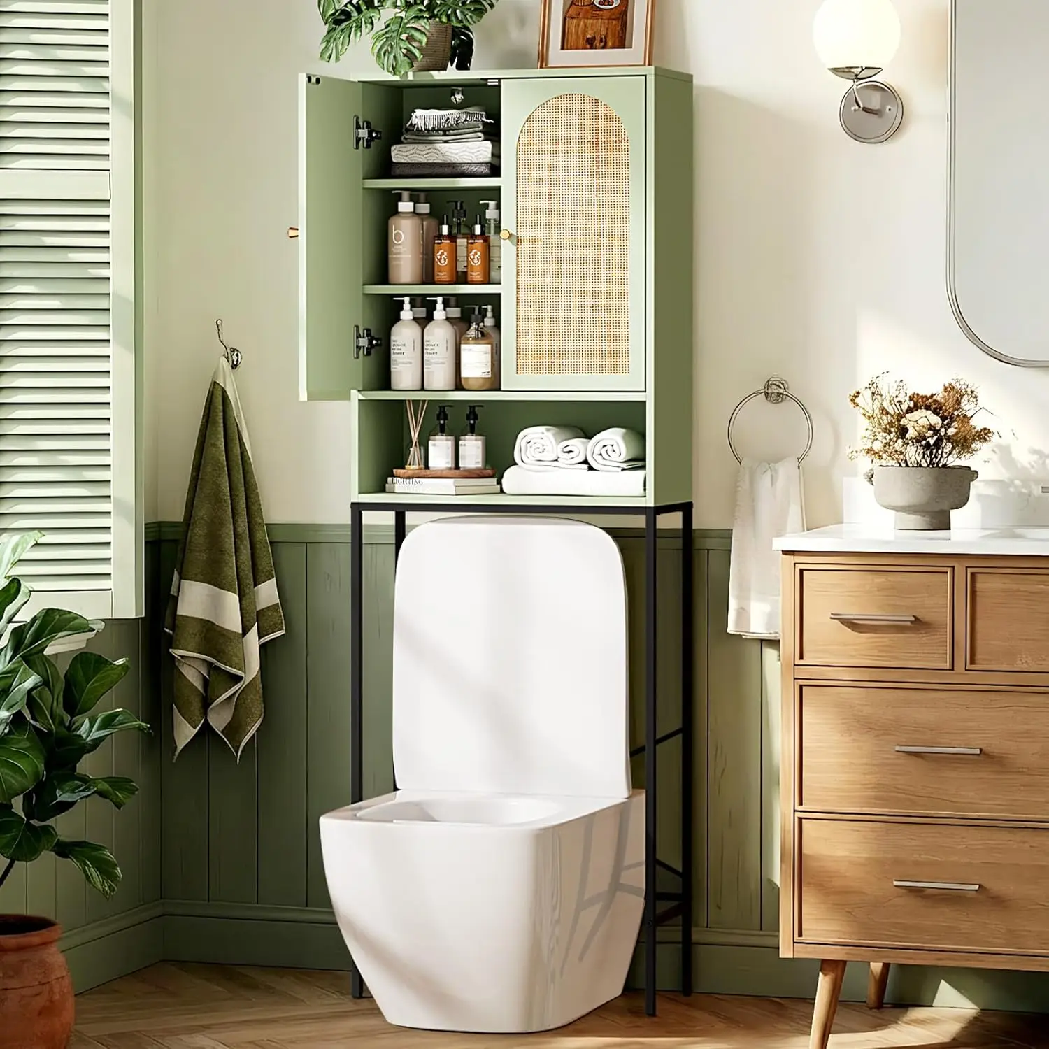 

Over The Toilet Storage Cabinet, Sage Green Bathroom Organizer Over Toilet with Arched Rattan Doors, Freestanding Space Saver