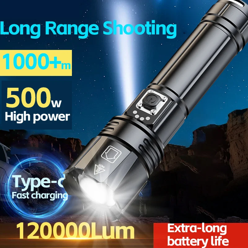 

High-power strong light LED flashlight zoomable USB rechargeable with and ultra-bright long-range Aluminium alloy outdoor torch
