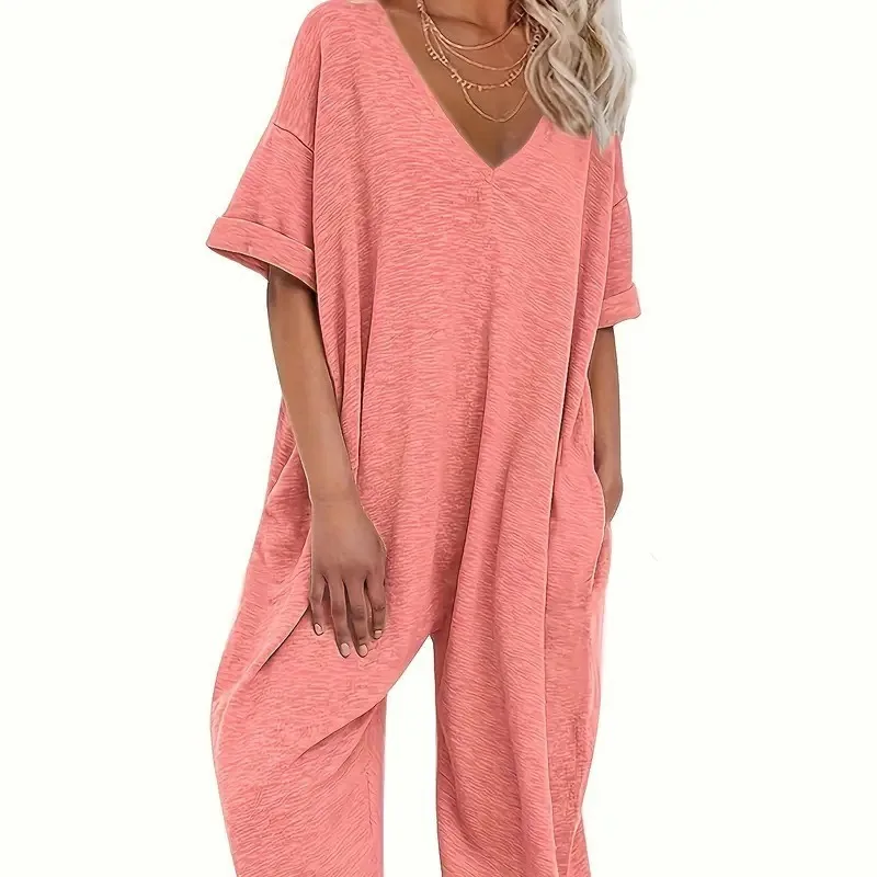 

New V-neck Jumpsuit Short-sleeved Long Jumpsuit Tied Feet Loose Tooling Cw53724