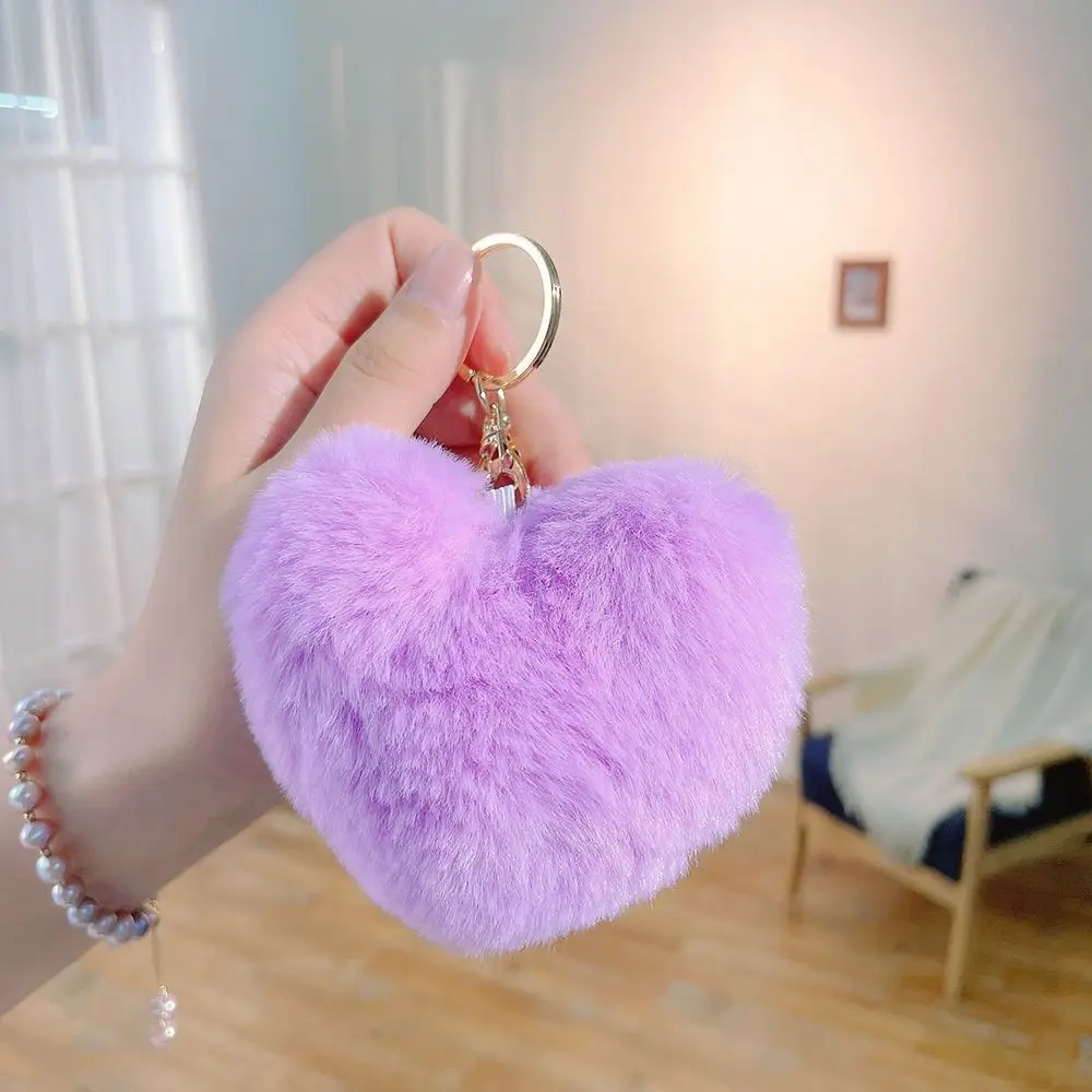 Cute Love Heart Plush Bag Pendant Imitation Rabbit Fur Solid Color Hanging Decoration Fluffy Ball Bag Accessories Car Key Ring
