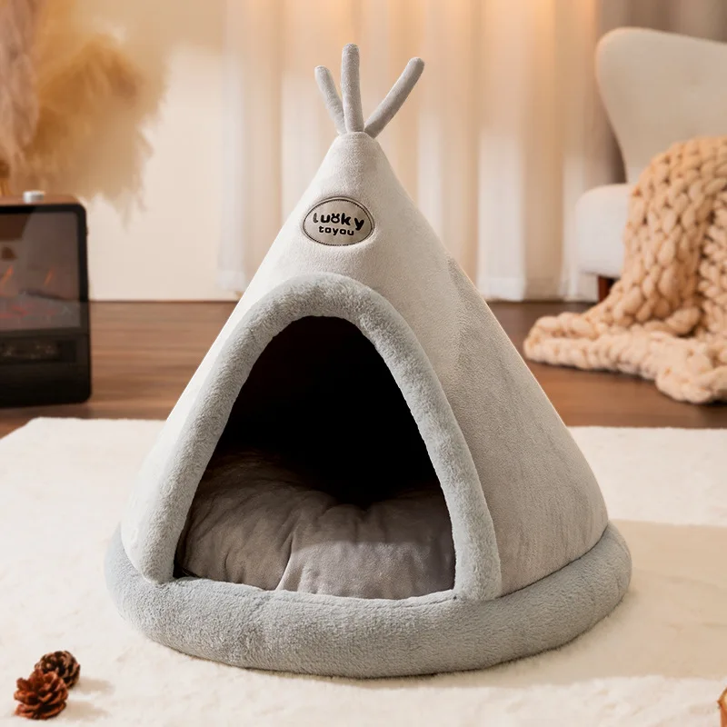 Tente tipi pour animaux de compagnie, lit pour chien et chat, peluche douce, confortable, nid de grotte chaud et confortable, fournitures de couchage d'intérieur et d'extérieur
