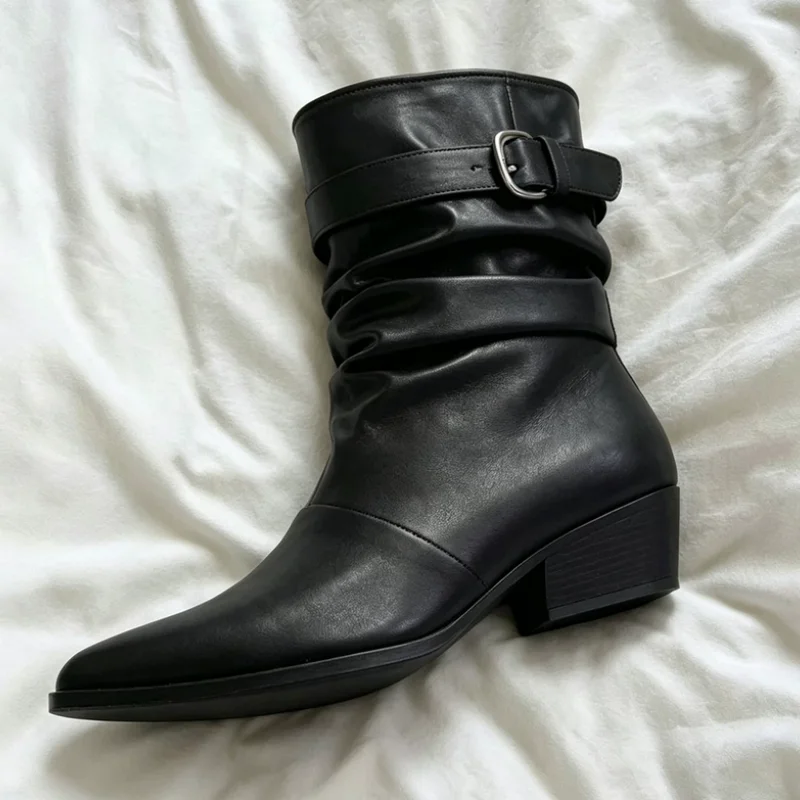 Belts Buckle Shoes for Womens Pointed Toes Chunky High Heels Pleated Zapatos Mujer Solid Female Short Boots Stitching Chassure