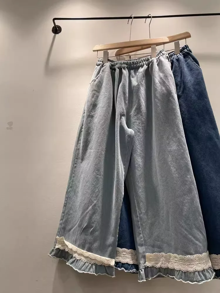 2025 dulce ropa lolita mori girl verano otoño encaje patchwork jeans para mujeres Japón moda y2k denim pantalones de pierna ancha