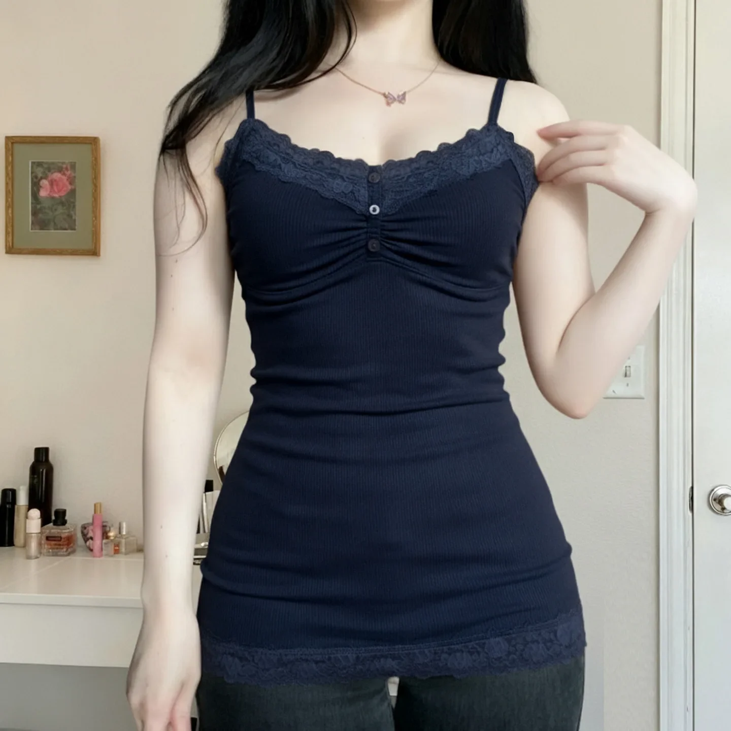 

Lace Splicing Button Small V-Neck Vest Halter Cute Basic Halter Shirt Women's Top