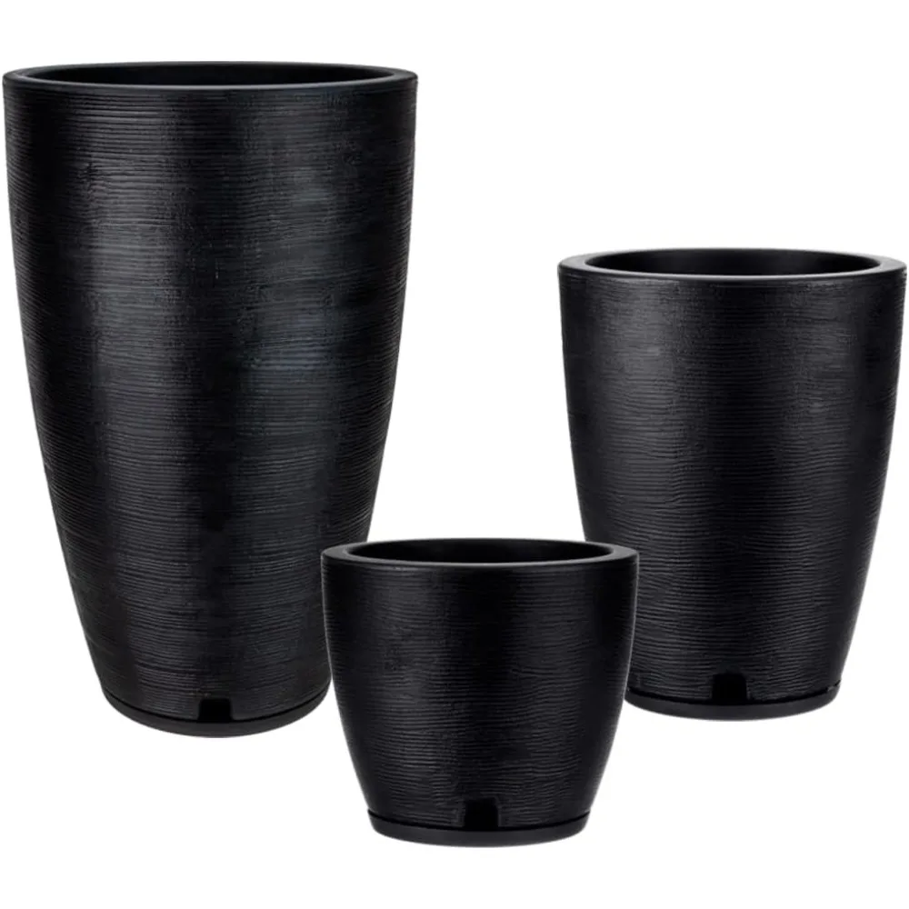 

Plastic Plant Pot, Black, Set of 3 (11+17+25 inch) with Drainage Hole and Saucer. Outdoor and Indoor Set of Black plant