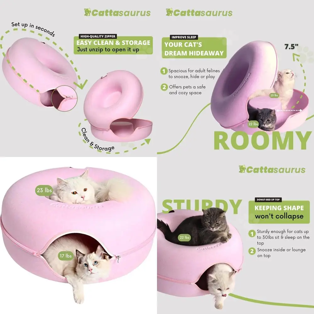 

Multi-Cat Donut Bed, 3-in-1 Warming, Tunnel & Scratcher, Washable for Cats up to 45 lbs, Large Pink Pet Bed