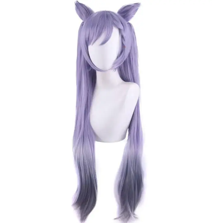 Peruca Cosplay Genshin Impact com Orelhas, Perucas Cosplay Keqing, Rabos de Cavalo Jogo, Cabelo Sintético Resistente ao Calor, Roxo Misto, 2 Tipos