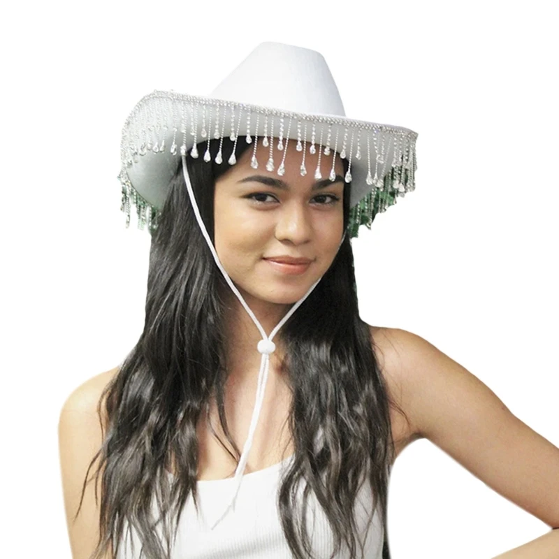 

All-match for Rhinestone Fringe Cowboy White Hat with Adjustable Drawstring Wide Brim Cowgirl Hat for Beach Party Tea Pa