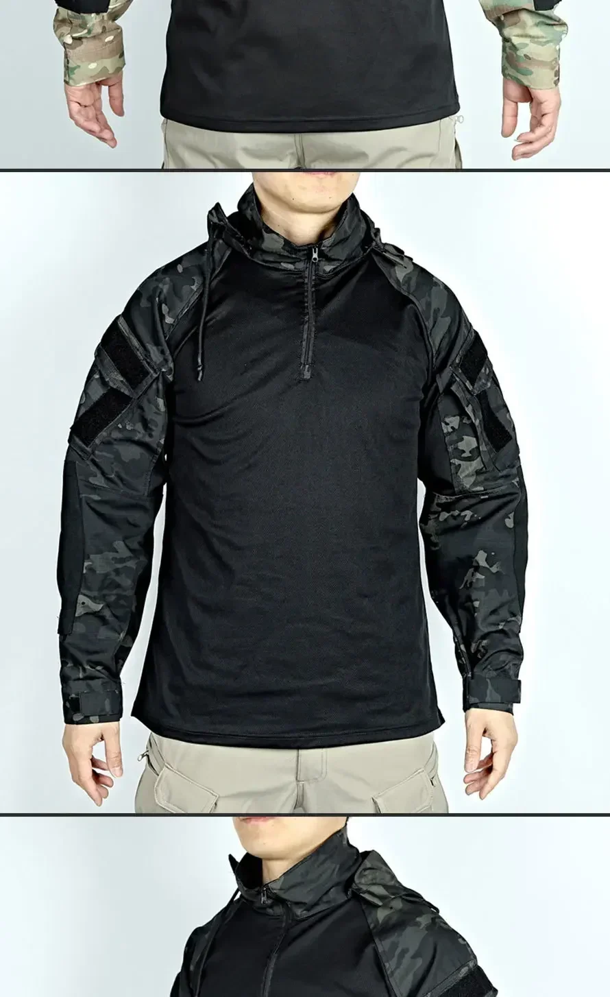 Tactical Combat Shirts Men Long Sleeve Breathable T-shirt Camo Hooded Quick-dry CS Paintball T-Shirt Tops Wear-resisting