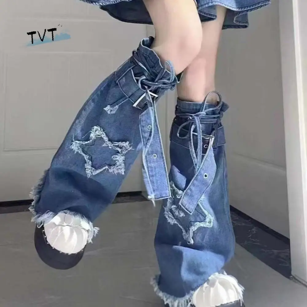 

Japanese JK Lolita Y2K Denim Leg Warmers Denim Cloth Stars Cross Trumpet Leg Covers Footcover Drawstring Long Stockings Student