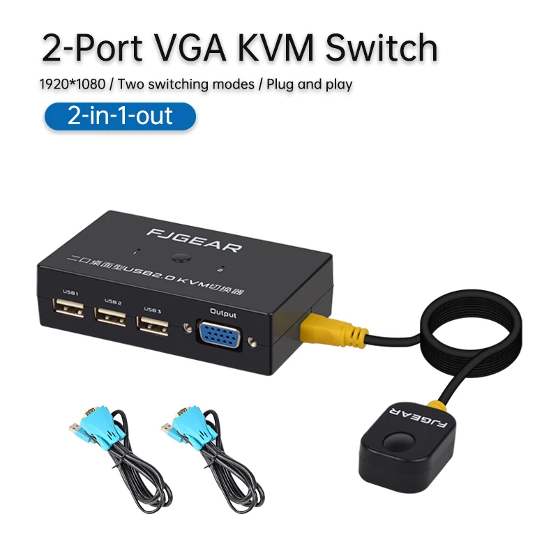 USB KVM Schalter Switch Box VGA Computer Share Usb Mouse Keyboard Monitor Converter With Connector Cables FJ-201UK