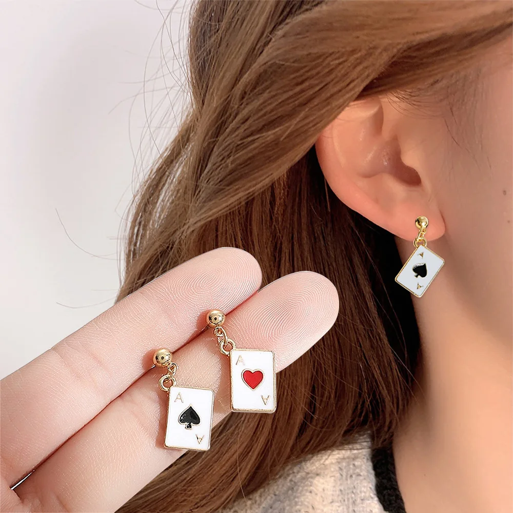 Simple Enamel Playing Card Earrings Fashion Poker Metal Dangle Earring For Women Party Ear Accessories Jewelry Earstuds Gifts