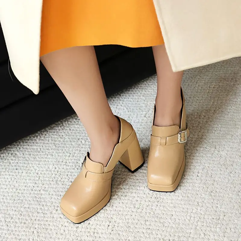 

SIMLOVEYO Классические женские туфли-лодочки с квадратным носком на массивном высоком каблуке 9,5 см на платформе 2 см без шнуровки с пряжкой ремня 44 45 46 47 48 Обувь для отдыха