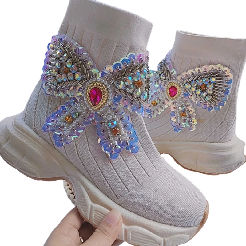 Fashion Elastic Sock Boots Sneakers Women Platform Casual Thick Bottom Shoes Bling Rhinestones Tennis Shoes Female