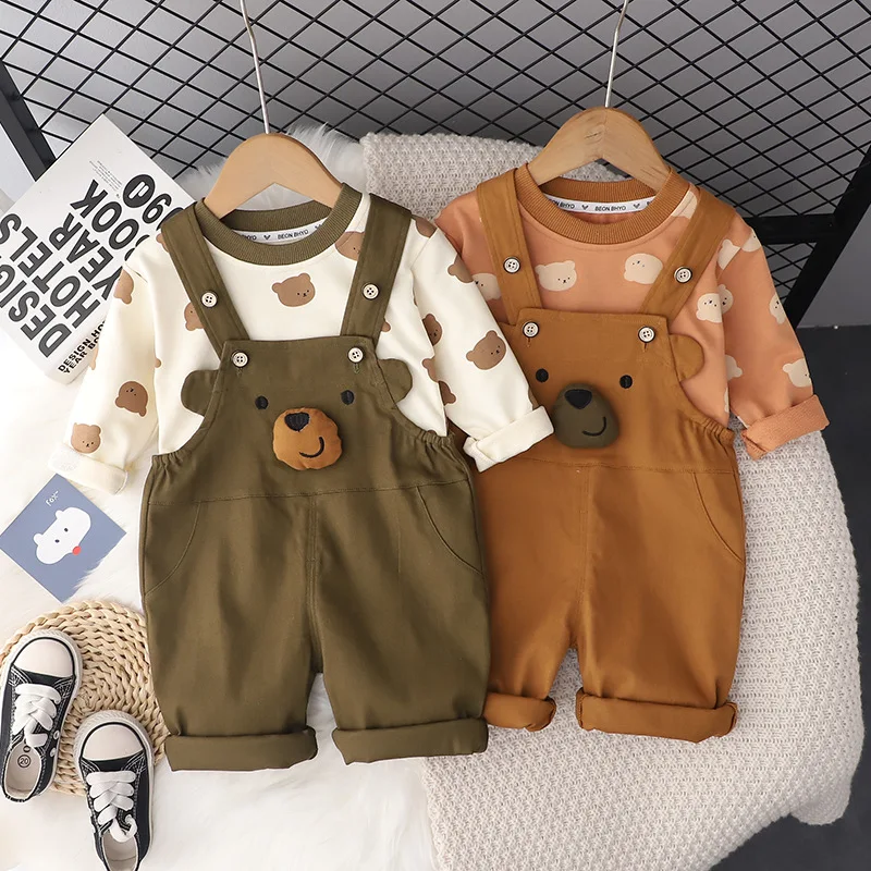 

Boys Autumn Clothing Set for Babies Two-Piece Set Loose Long Sleeve Jumpsuit Cute Suspender Pants Set for Boys and Girls Autumn