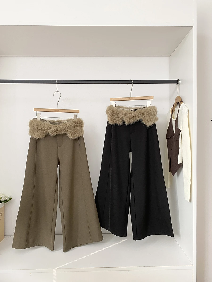 

High Waist Wide Leg Casual Pants Women's Fashion Design Sensation Splicing Hair Simple Match Autumn Winter New Arrival