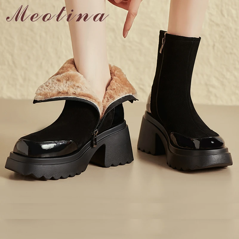 

Meotina Women Genuine Leather Ankle Boot Round Toe Platform Thick High Heels Wool Zipper Short Boot Lady Fashion Shoes Winter 40