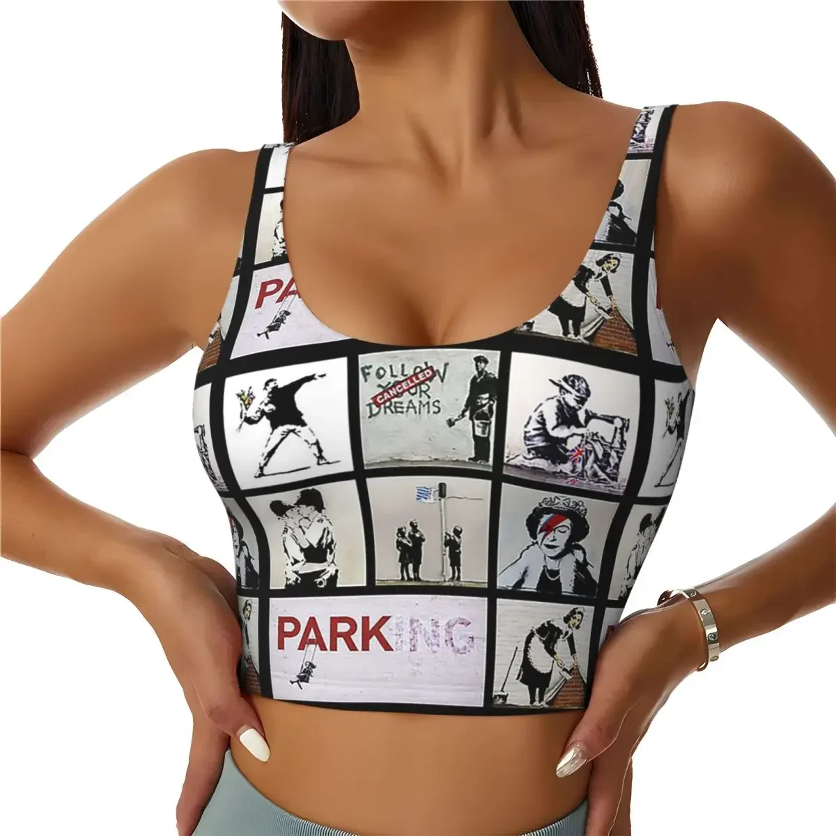 Custom Banksy Montage 01 Various Banksy Artwork Women Sports Bra High Impact Vest Gym Workout Yoga Crop Tank Top