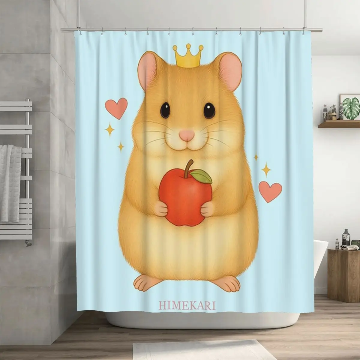 Golden Hamster With Apples (Simple-blue) Shower Curtain Bathroom Polyester Waterproof Bath Curtains with Hooks