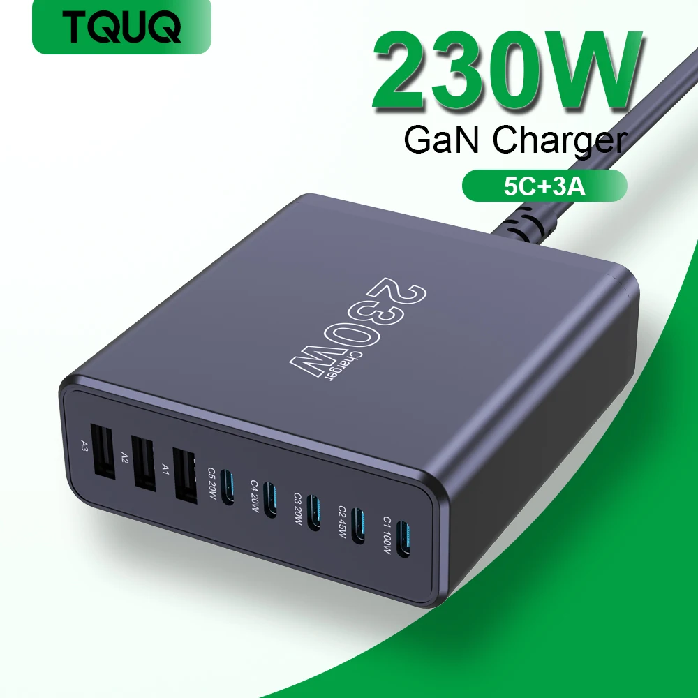 TQUQ 230W 8 in 1 Multi Port USB Type C PD High Speed Charger Desktop Fast Charging Power Station for iPhone 15 Samsung Xiaomi