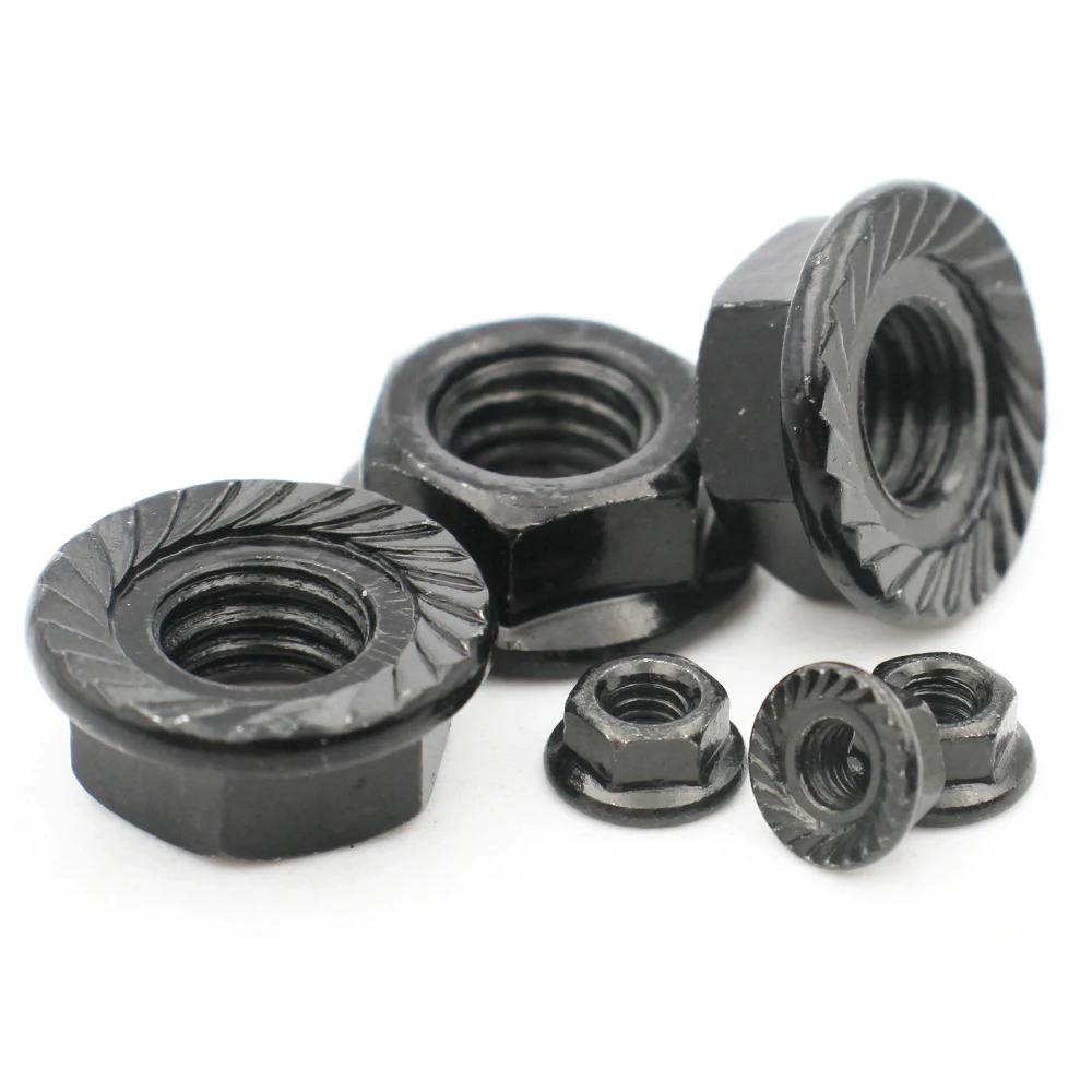 2/ 5/ 10/ 20pcs M3 M4 M5 M6 M8 M10 M12 Black Carbon Steel Hexagon Hex Head Serrated Spinlock Flange Nut Lock