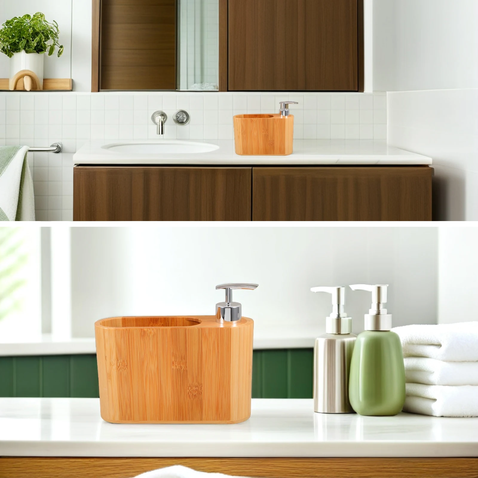 

Oval Wood Shower Gel Container Refillable Soap Pump Bottle with Toothbrush Comb Holder for Bathroom Home Shower Dispenser