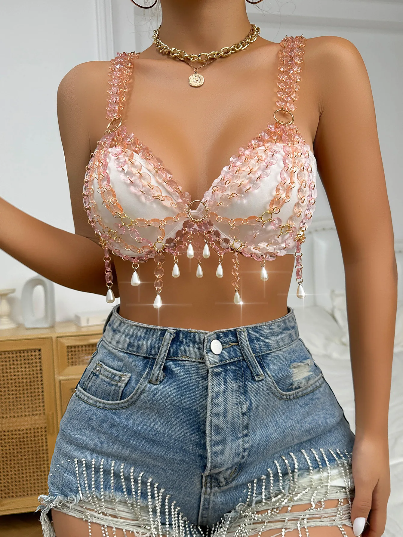 Sexy Gem Chic Body Chain Top Strapless para Mulheres, Pingente Pérola, Gota de Água, Sutiã Peito de Cristal, Bikini Sling Vest Jewelry