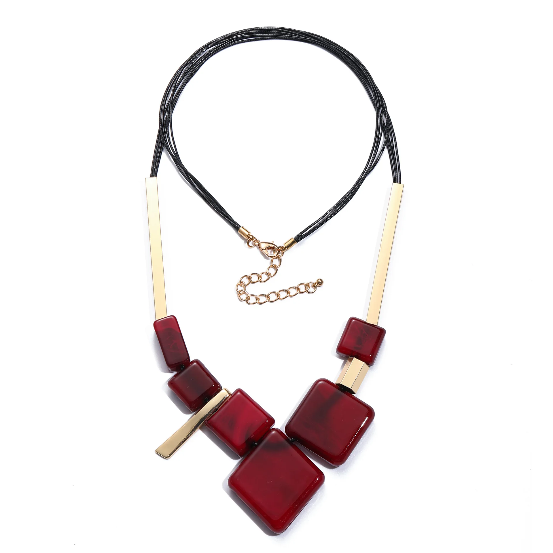 Geometric Square Acrylic Long Necklace for Women Wax Rope Chain Ethnic Style Fashion Statement Jewelry Accessories