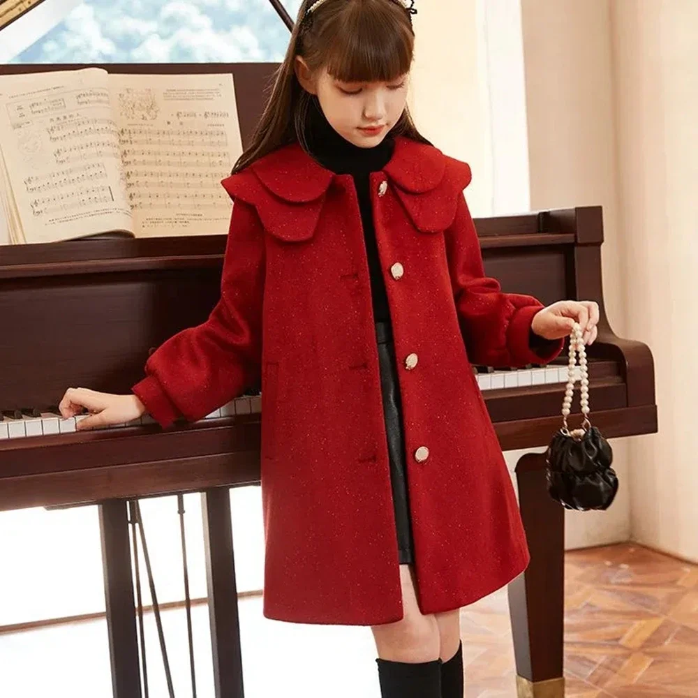 8-15 Kids Cotton Padded Thick Woolen Dress Jacket Girls Winter Cute Red Long Coat Teenager Girls Fashion Outerwear 14 clothes