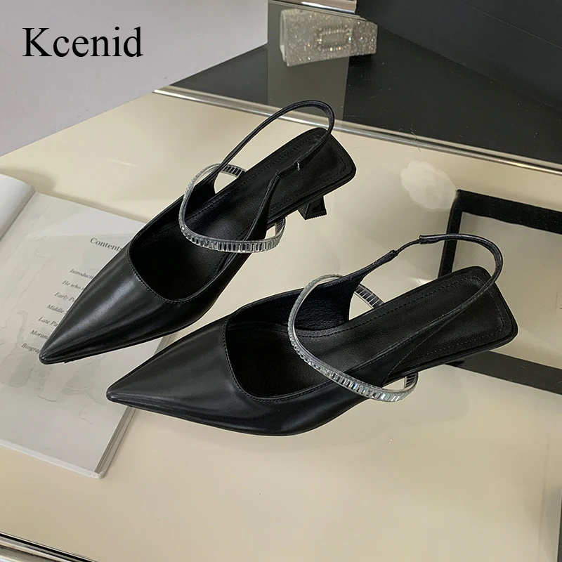 

Kcenid Fashion Rhinestone Summer New Pointed Toe Pumps Med Heels Sandals Women Crystal Narrow Band Elastic Band Slingbacks Pumps