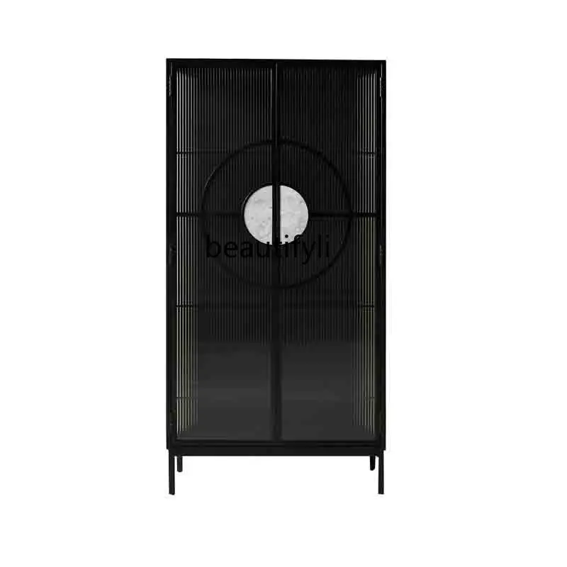 

French Style Simple and Light Luxury Sideboard Wine Cabinet Vintage Double Door Storage Cabinet Glass Solid Wood Integrated Wall