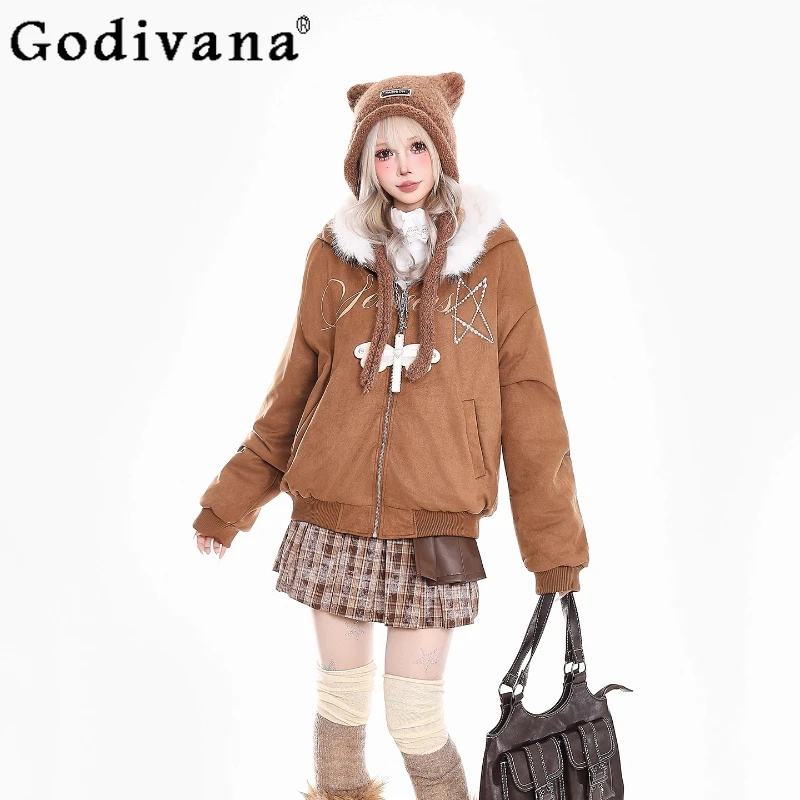 Y2K الفتيات الأرنب الأذن مقنعين سترات النساء الشتاء فضفاضة سميكة مبطن سترة قطن الإناث النمط الياباني معطف القطن الدافئ