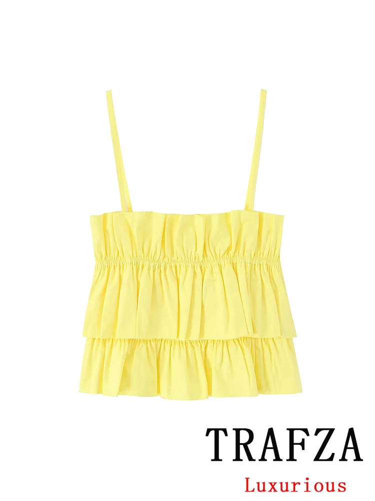 

TRAFZA Hotsweet Chic женский топ на бретельках желтый многоуровневый укороченный топ без рукавов с оборками новая мода летний милый пляжный топ для свиданий
