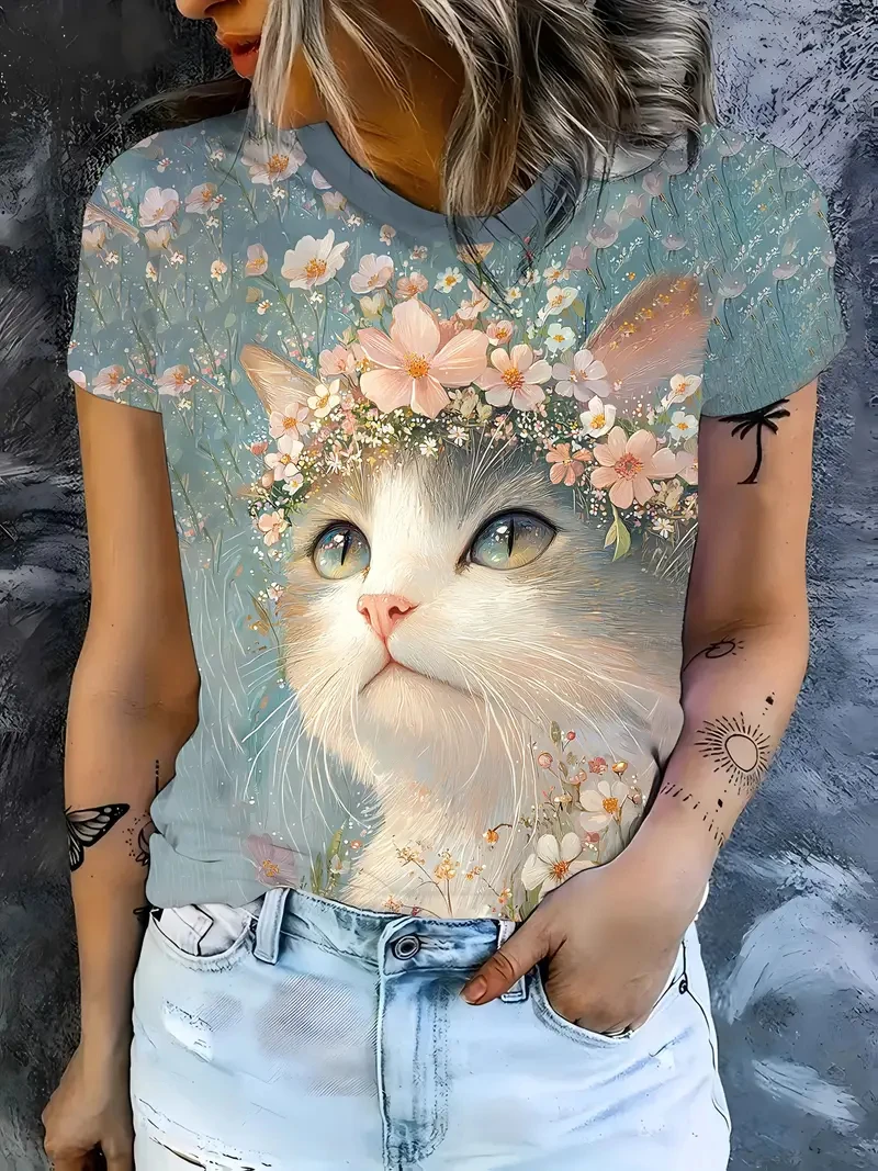T-shirt girocollo da donna T-shirt estiva moda casual top a maniche corte stampa gatto 3D modello animale Abbigliamento donna di grandi dimensioni