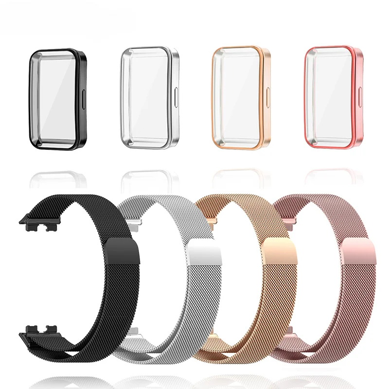 Metal Strap For Huawei Band 8 9 Bracelet With TPU Case Screen Protector Soft Film Replacement Milanese Magnetic Loop Watchband