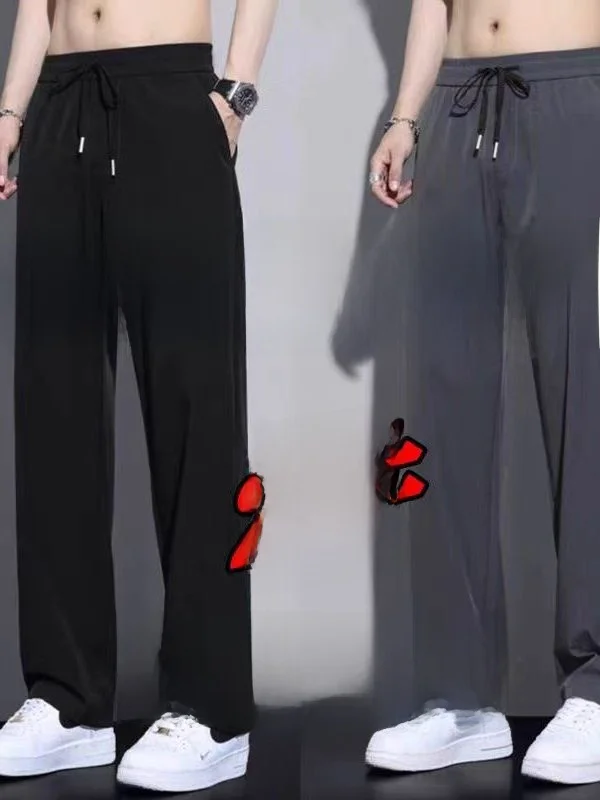 Ice Silk Men's Summer Thin Casual Pants Quick Dry Straight Leg Sports Trousers Loose Fit Polyester Fiber Youthful Style