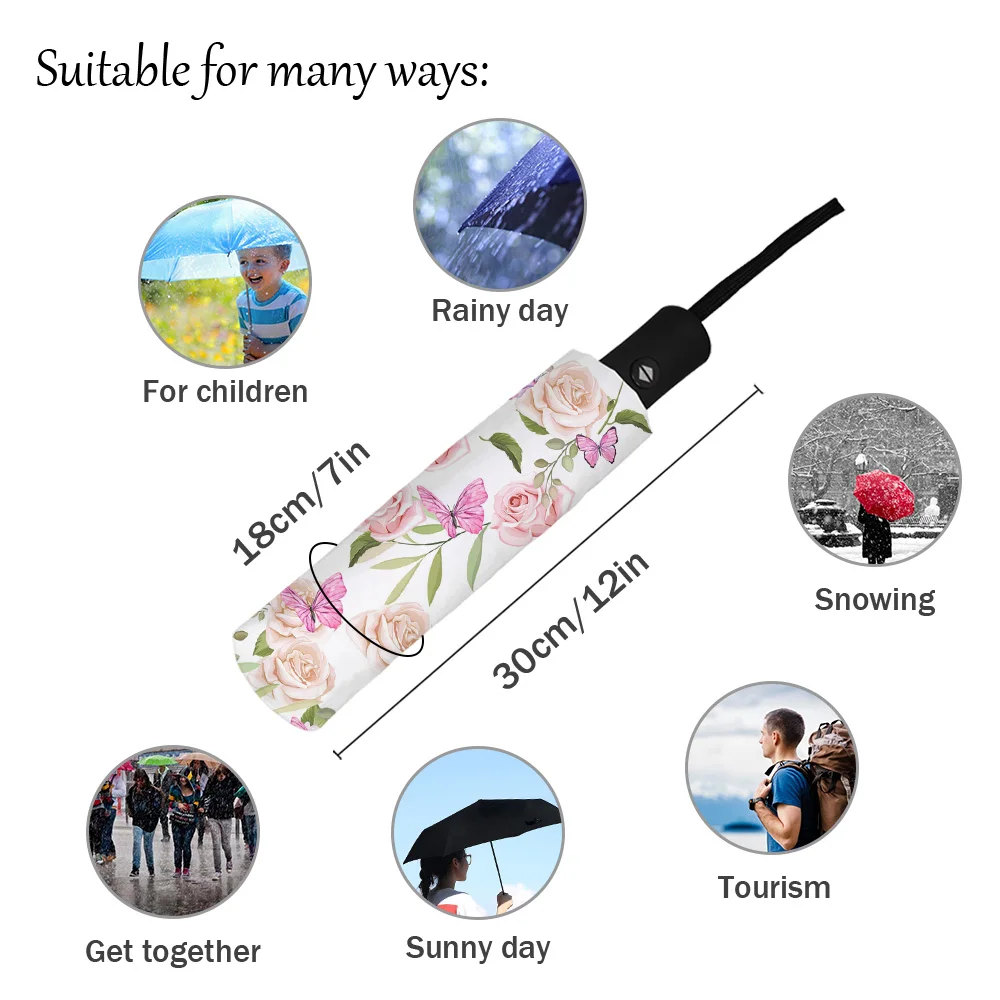 Flowers Butterfly Pink Print Women Men Rain Umbrella Three Folding Girl Durable Portable Automatic Umbrellas Gift Parasol